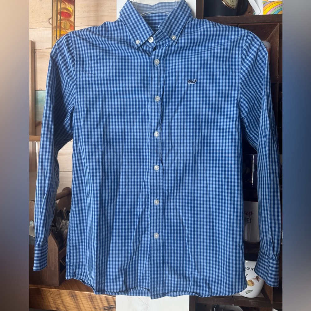 Vineyard Vines Boys Size Med 12/14 Blue Gingham Plaid Lightweight Button Shirt